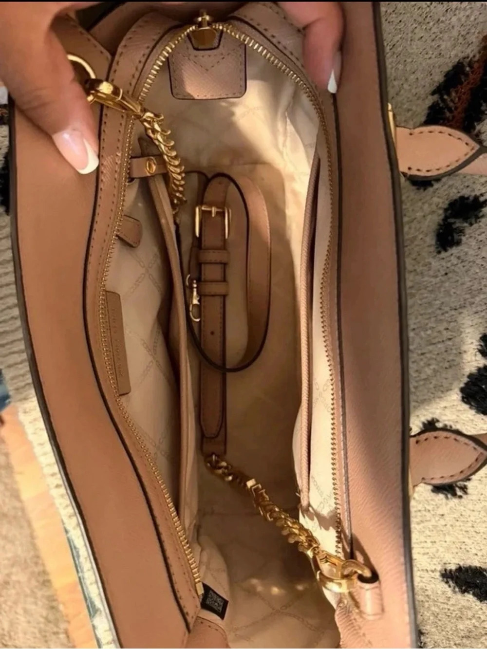 Michael Kors Pale Pink and White Saffiano Leather Satchel with Gold Chain